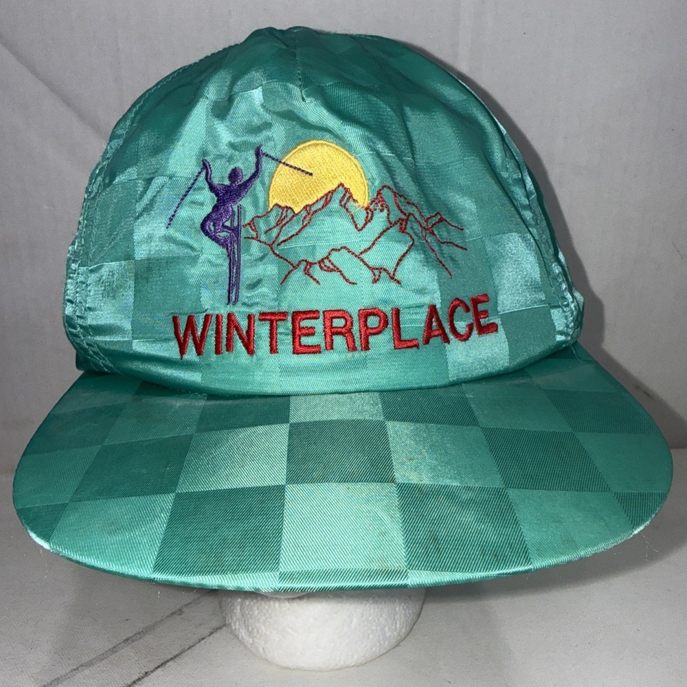VTG Winterplace Ski Resort Nylon SnapBack Checkered Teal Graphic Embroidered Hat